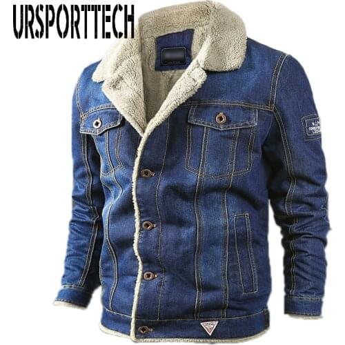 Denim Jacket with Fur Men Military Jeans Jacket Men Thick Warm Bomber Jacket Outwear Cowboy Jacket Trendy Warm Fleece Top Male