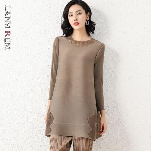 LANMREM Pleated Stitching Shirts Mesh Patchwork Top Womens Long T-Shirt Loose Pullover Style Trendy 2021 Autumn 2A3416