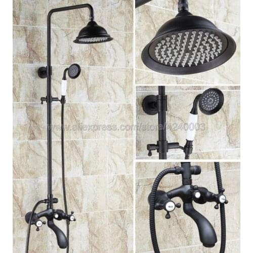 Black Oil Rubbed Brass Wall Mounted Bathroom Shower Faucet Set Dual Corss Handles Tub Mixer Tap With Hand Sprayer Khg114