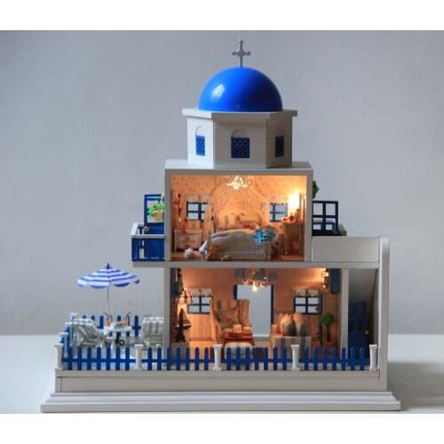 Cute Room Brithday Gift Doll House for Puppenhaus Miniature House Toys for Children Wooden House Toys-Romantic Santorini Island