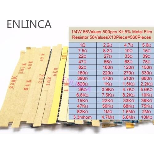 56-75Values 1/4W Metal Film Resistor Kit 5% 0.25W Resistor Assorted diy Kit Set 1 ohm-1M ohm Resistance Pack
