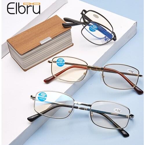Elbru 2021 Anti Blue Light Foldable Reading Glasses Portable Presbyopia Eyeglasses Women Men Metal Eyewear Diopters 1.0 to +4.0
