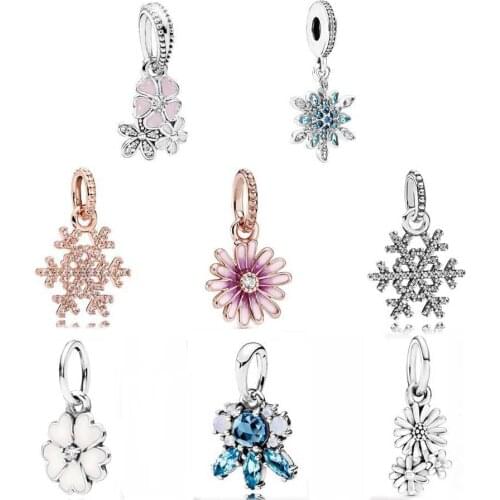 Original Rose Gold Snowflake Frost With Crystal Daisy Flower Pendant Bead Fit Europe Bracelet 925 Sterling Silver Charm Jewelry