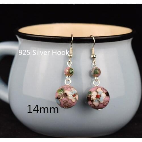 Handmade Polished Cloisonne Filigree 14mm Beaded Charm Earrings Enamel Eardrop Jewelry 925 Silver Ear Hook Dangle Accessories