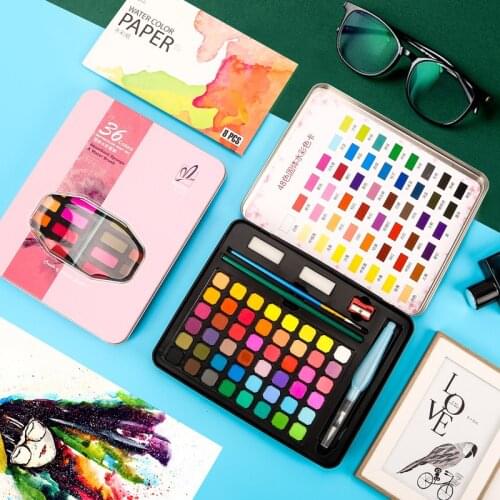 Professional 36Color Portable Watercolor Paints Travel Solid Colors Metal Box For Art Hand Painting Student Watercolor Supplies