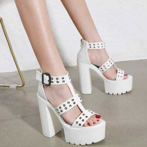 Sandalle femme Platform Punk Rock Gothic Sandals Women Peep Toe Buckle Chunky High Heels white Sandals block heel sandal LJB87