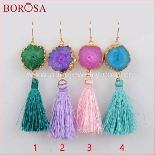 BOROSA Gold Color Rainbow Solar Quartz Colorful Tassel Earrings, Wholesale Mix Color Druzy Drop Earrings Dangle Earrings G1238