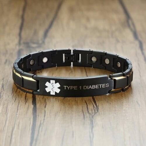 TYPE 1 and 2 DIABETES BLOOD THINNER WARFARIN Medical Symbols Stainless Steel Bracelet in Black Male Jewelry