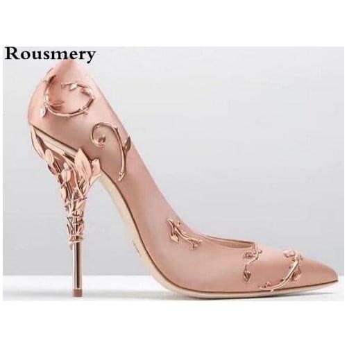 Women Luxury Metallic Flower Design High Heels Leaves Heels Wedding Shoes Stiletto Thin Heel Fashion Shoes Ladies Shoes Size 42