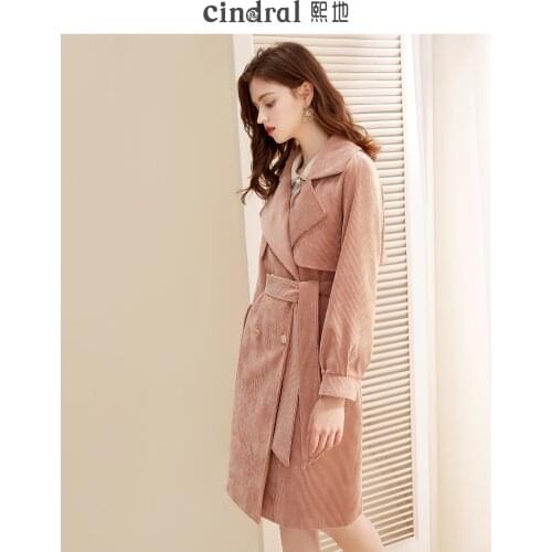 Spring 2021 New Orange Pink Windbreaker Womens Middle Long Thin Corduroy Overcoat