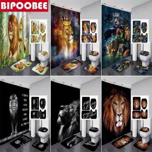 3D Leopard Lion Tiger Print Shower Curtains for Bathroom Sets Fabric Polyester Waterproof Bath Curtain and Rug Toilet Lid Cover
