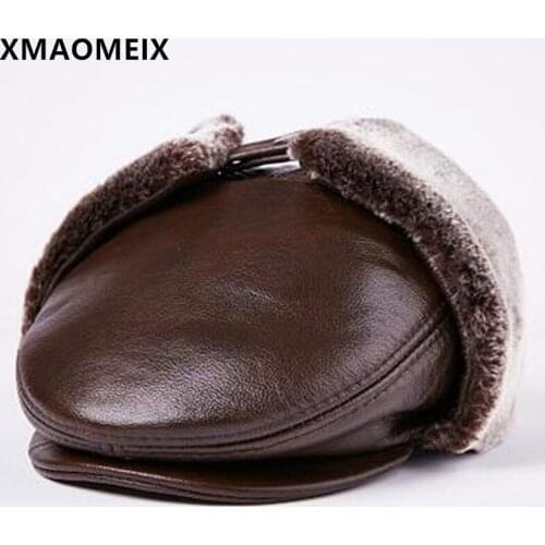 XMAOMEIX Winter Middle-aged Elderly Mens Leather Hat Thick Warm Fur Bomber Hats Cowhide Leather Thermal Earmuffs Caps For Men