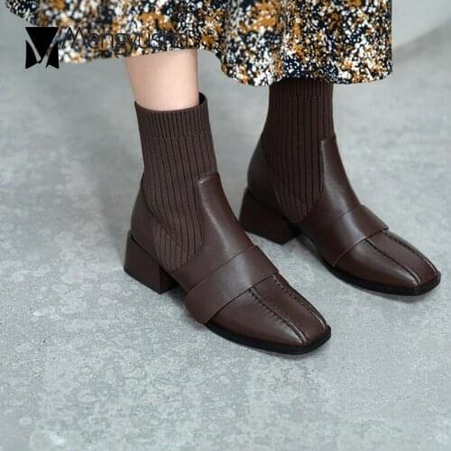 Cowhide leather patchwork mid-calf boots women chunky med high heels riding botas sewing knitted stretch sock booties mujer 2020
