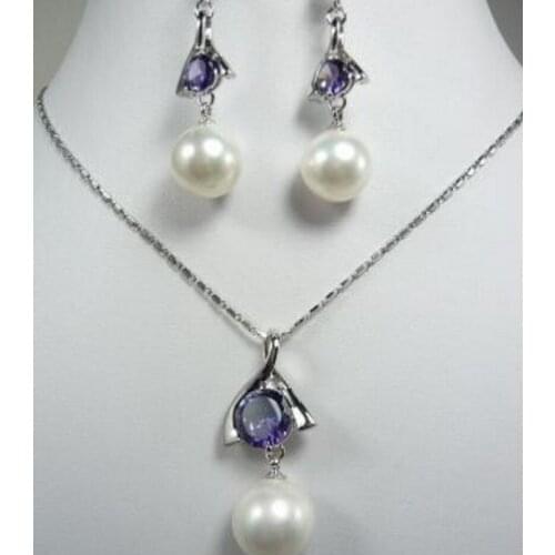 Fashion jewelry Nobility Lucky Women Vogue white shell pearl purple crystal pendant necklace earrings Silver hook