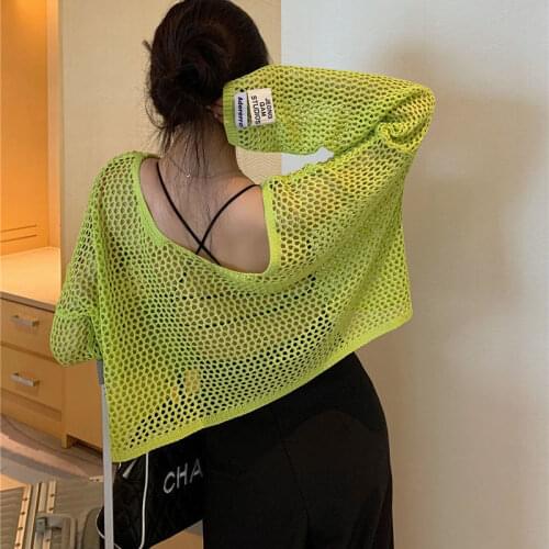 Womens Sexy Perspective Sunscreen Knitting Shirt Spring Summer Hollow Out Short Pullover Tops Batwing Long Sleeve Loose Knitwear