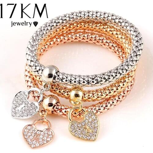 17KM 3Pcs Gold Color Heart Charm Elastic Bracelets For Women Pulseras Bracelet Cute Multilayer Bangles pulseira feminina Gifts