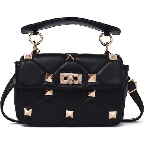 Women Bags Metal Rivets Diamond Lattice Handbags Fashion Zipper Top-Handle Purses Women Casual Travel Shoulder Messenger Bags