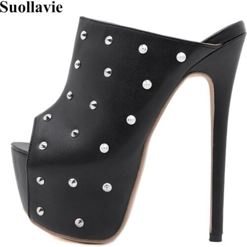 Suollavie hot 7CM platform heels Women Slippers super high heel fashion rivet peep toe women shoes sexy nightclub black Slippers