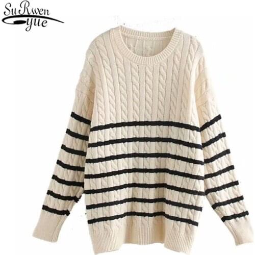 Winter Korean Striped Twist Long Sweater Autumn Elegant Loose Pullover Sweater Women Fashion Casual Knitwear Pull Femme 11947