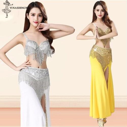 2019 Belly Dance Performance Costume For Women Indian Dance Dance Split Skirt Sequin Bra Oriental Costume 3Set(bra +belt+skirt)