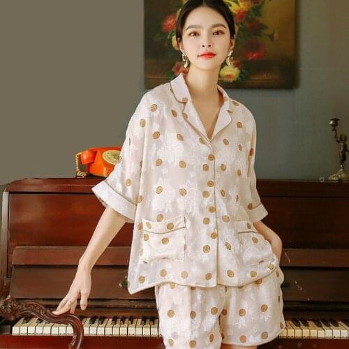 Women Print Polka Dot Pajamas Set 2PCS Sexy Turn-Down Collar Rayon Pyjamas Sleep Suit Sleepwear Nightwear Summer Lounge Homewear