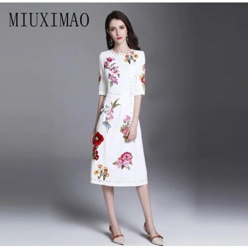 2018 Spring Newest Casual Style A-Line O-Neck Half Flower Print Embroidery Sequined Elegant Fashion Mid-Calf Dress Women