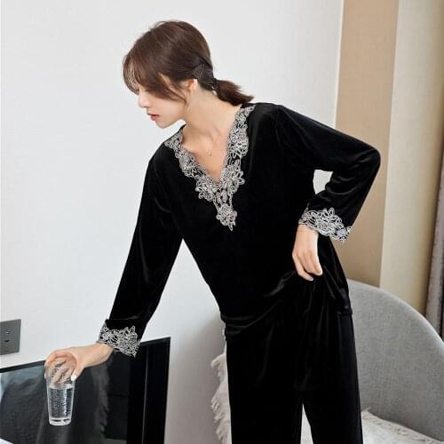 Winter Velour Pajama Set Womens Solid Color Pyjamas Sleepwear Home Clothing Warm Gold Velvet Female Suit Pijama