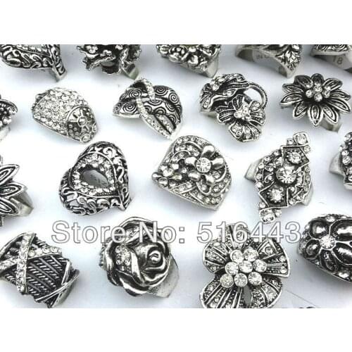 15PCS Vintage Tibet Silver Charming Rhinestones Rings Mix Style Best Gifts Freeshipping Hot Sell Wholesale Jewelry Lots