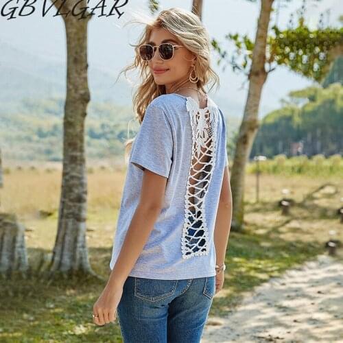 2021 Sexy Women O-Neck Slim Hollow Out Gray Cotton T-shirt Back Lace Splicing Top Short Sleeve T-Shirt Female Casual Streetwear