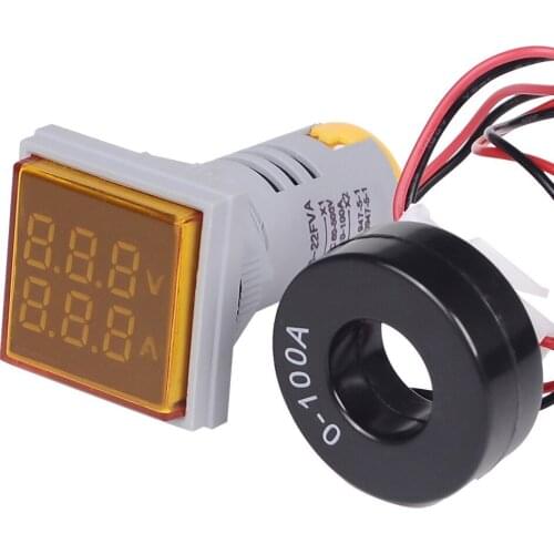22mm Mini Square L-E-D Digital Voltmeter Ammeter Signal Light Voltage Current Meter Indicator AC 60-500V 0-100A