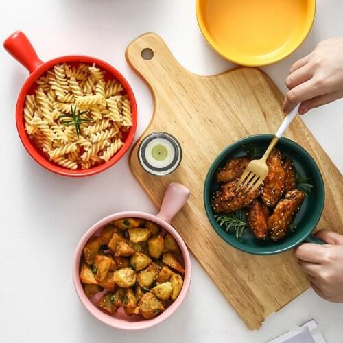 500Ml Ins Baked Rice Bowl Nordic Ceramic Baking Bowl with Handle Pasta Plate Salad Fries Barbecue Bowl Tableware Baking Tool