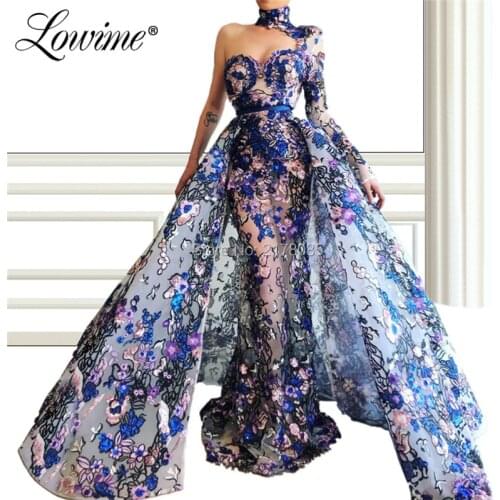 One Shoulder Arabic Evening Dress Formal Gown With Detachable Train Muslim Turkish Dubai Party Dress 2019 Abendkleider Prom