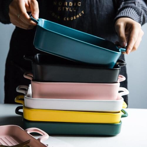 Binaural Baking Dish Ceramic Household Rectangular Oven Cheese Baked Rice Baking Copy Bowl Creative Dish Plate