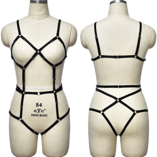 Hollow Bondage Bodysuit Black Adjust Body Harness Set Women Punk Sexy Lingerie Elastic Open Chest Bra Connection Bottom G-String