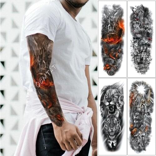 Large Arm Sleeve Tattoo Orange Magma Warrior Waterproof Temporary Fake Tatoo Sticker Skull Phoenix Rose Men Women Full Tatto