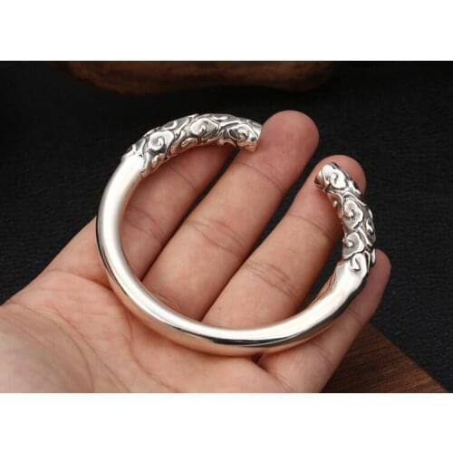 Mens Women Real 925 Sterling Silver golden cudgel Monkey king Cuff Bracelet Punk Jewelry A4596