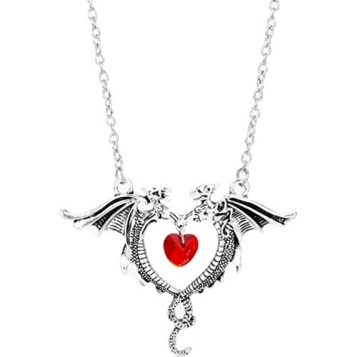 Dongsheng Vintage Vampire Diaries Double Dragon Red Crystal Heart Charms Dragon Necklace Gothic Jewelry Accessories For Women-30