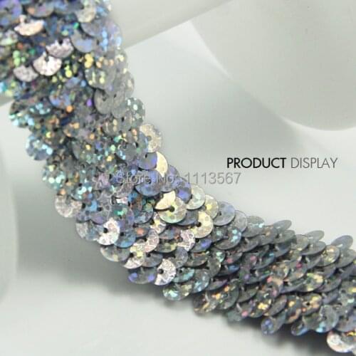 Sequin Beaded Elastic Stretch 3 Row Glitter Silver Lace Banding Tape Ribbon Trim for Costume Dress Sewing Supplies 30yard/T705