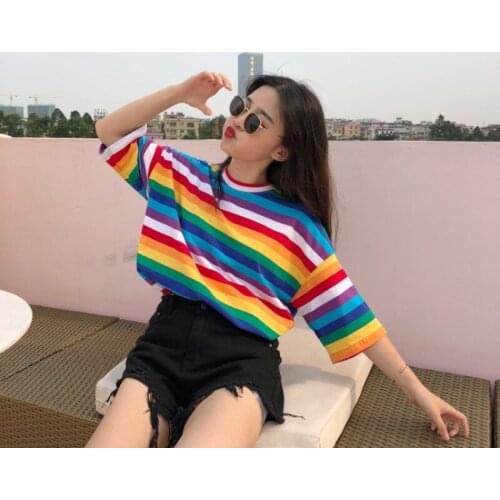 New T Shirt Women Rainbow Striped Tops Harajuku Tshirt Summer Short Sleeve Korean Punk T-shirt camiseta feminina