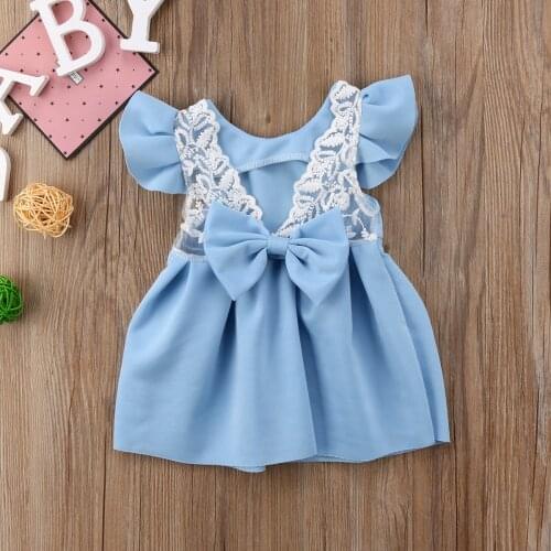Cute Two Colors Blue Red Bow Princess Dresses for Baby Girl Clothes Kids Lace Ball Gown Tutu Party Dress 3M-3T