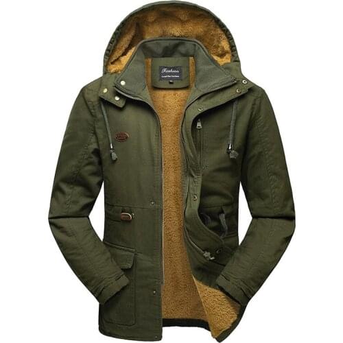 Men Jacket Fleece Coat Winter Warm Male Overall Thick Mid-Length Parkas Solid Hooded Thermal Outwear Fashion Windbreaker