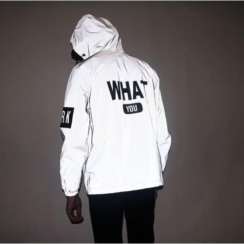 Men Reflective Jacket WHAT Letter Printed Thin Windbreaker Waterproof Jacket Hip Hop Zipper Hooded HH318
