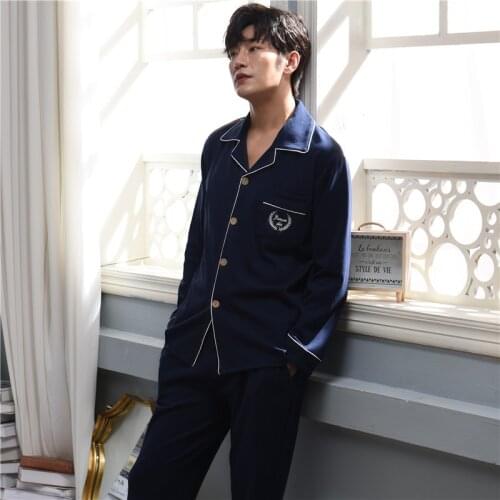 New Spring and Autumn Pajamas Mens Pure Cotton Long Sleeve Cardigan Lapel Pants Casual Simple Cotton Household Suit