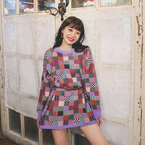 Autumn and Winter Womens Retro Color Box Stitching Thick-Long-Sleeve Sweater