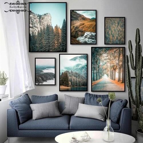 Autumn Landscape Mountain River Canvas Poster Nordic Foggy Forest Prints Wall Art Painting Scandinavian Pictures Home Decor