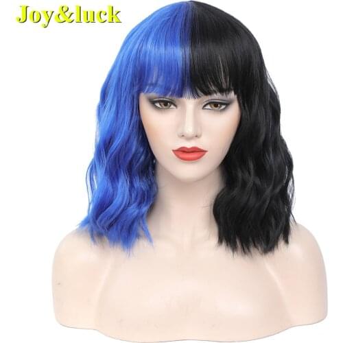 Synthetic Wavy Blue And Black Cosplay Wig Short Natural Water Wave Cos With Bangs Hair Wigs For White Women Party Or Holiday Use