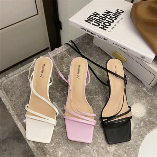 2021Summer Sweet Women White Purple High Heels Sandals Designer Open Toe Low Heels Lace Up Sandals Cinderella Wedding Shoes