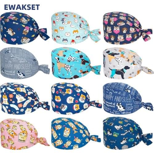 Unisex scrub hats for doctor nurse dogs printing cotton adjustable Pet working Scrub cap women men Scrub Surgical hat