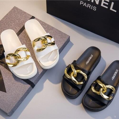 LAASIMI Summer Women Flat Platform Chain Slippers for Ladies Outside British Style Flat With Slides Genuine Leather Woman Mules