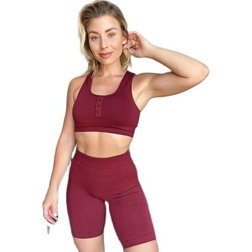 Sexy Solid Ribbed Gym Set Women Seamless Sport Bra Fitness Biker Shorts Workout Clothes For Women Clothing Sports Suits